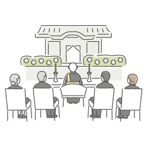 町田市家族葬 東横メモリアルが案内する祭壇前で僧侶と家族が見送る家族葬の場面